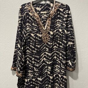 Black and White Patterned Tunic with Beaded Neckline